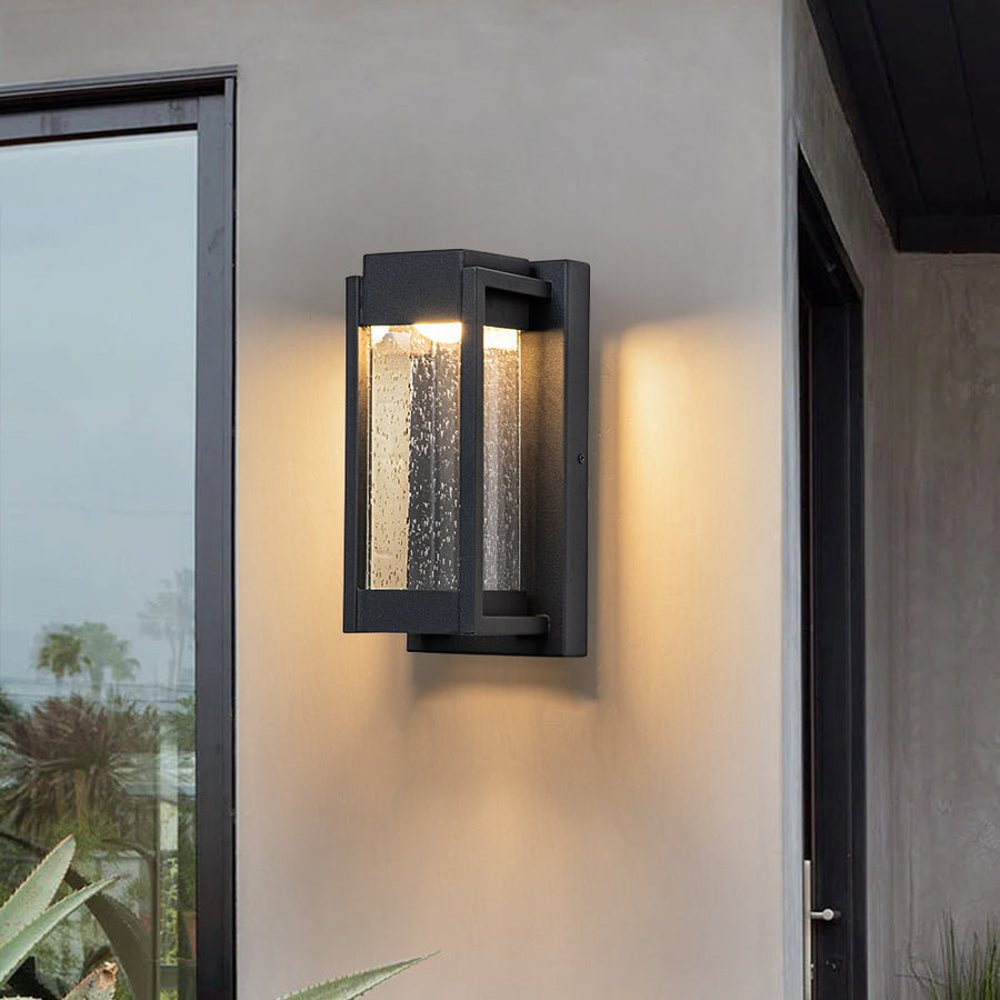 Farmhouze Light-Rectangle Seeded Glass Box LED Outdoor Wall Light-Wall Sconce-Black-