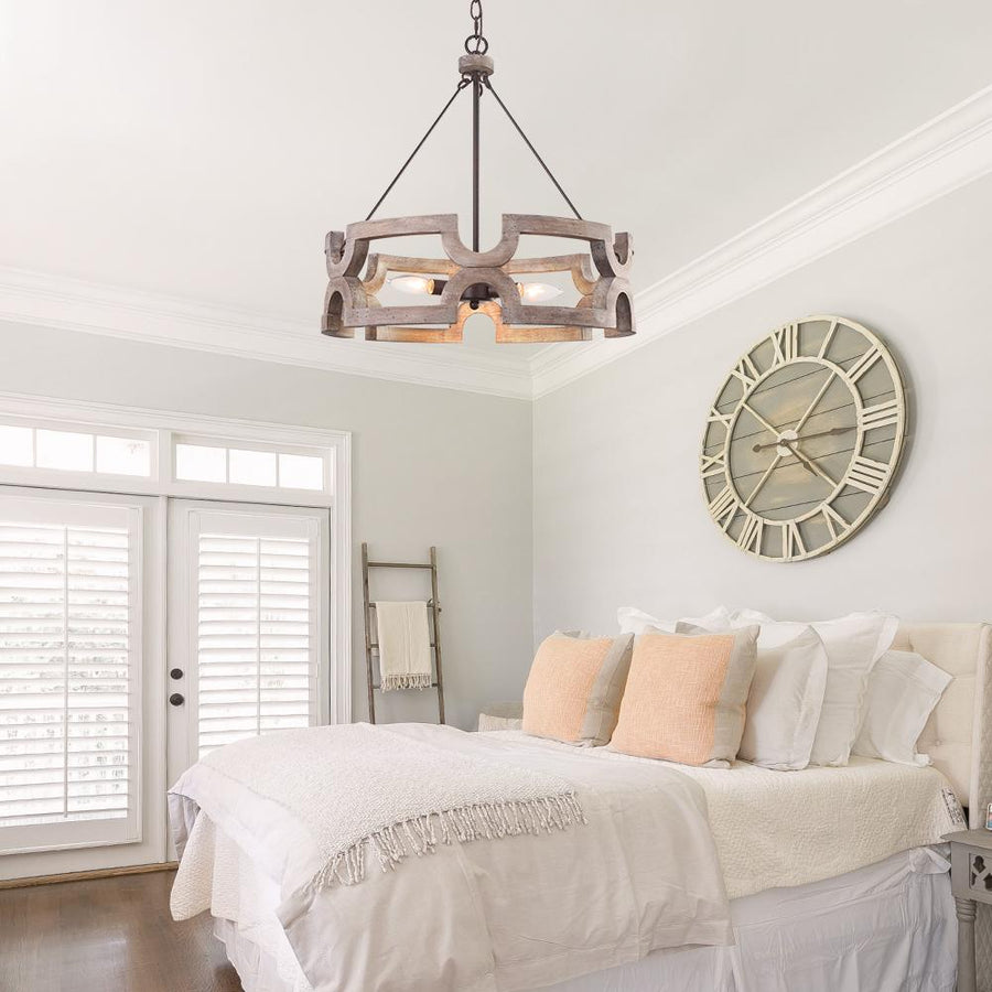 Farmhouze Light-Rustic Wood Drum Pendant Light-Chandelier-3 bulbs-