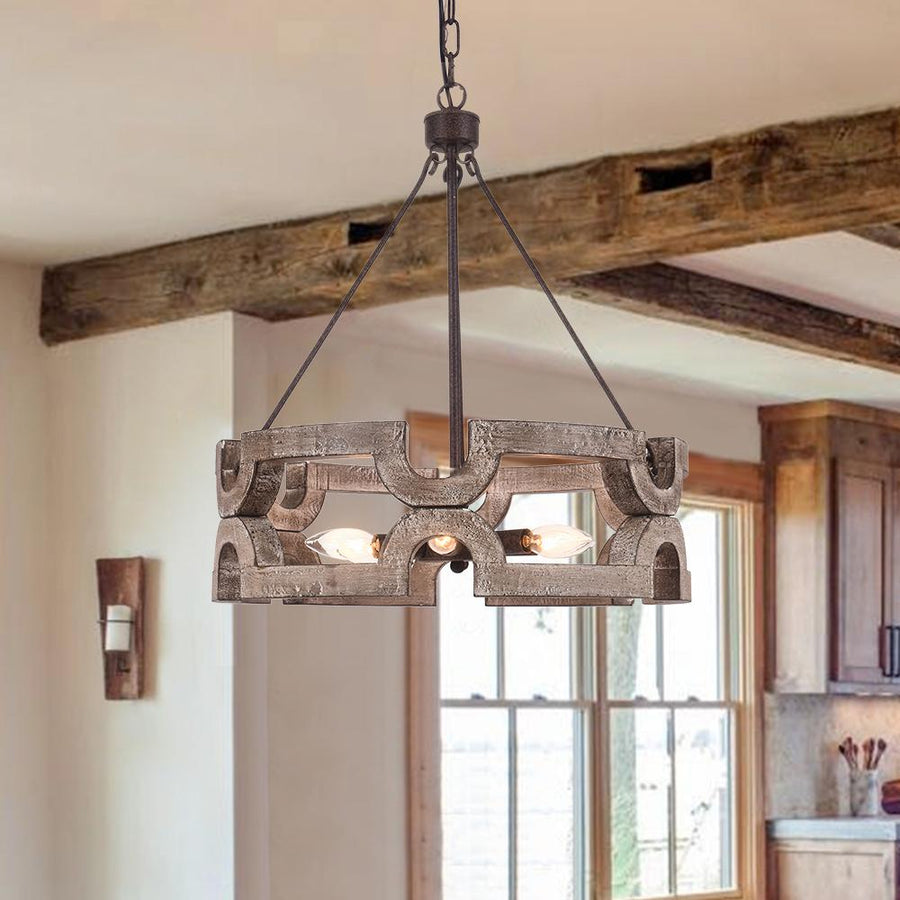 Farmhouze Light-Rustic Wood Drum Pendant Light-Chandelier-6 bulbs-