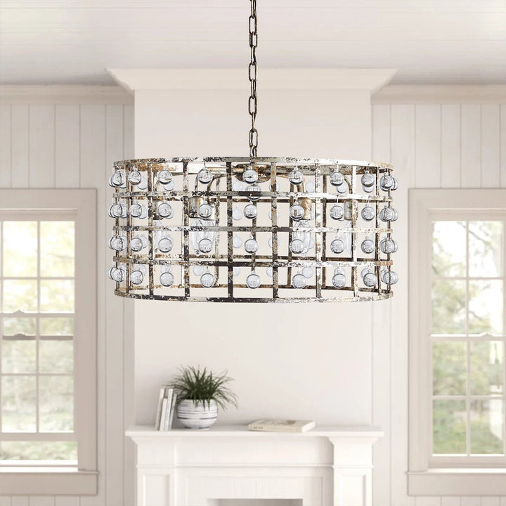 Farmhouze Light-Shabby Chic Aged Silver Crystal Ball Drum Chandelier-Chandelier-6-Light-