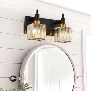 Farmhouze Light-Square Crystal Shade Vanity Light-Wall Sconce-2-Light-Black + Gold