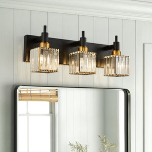 Farmhouze Light-Square Crystal Shade Vanity Light-Wall Sconce-3-Light-Black + Gold