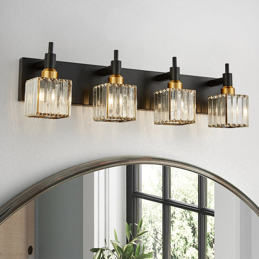 Farmhouze Light-Square Crystal Shade Vanity Light-Wall Sconce-4-Light-Black + Gold