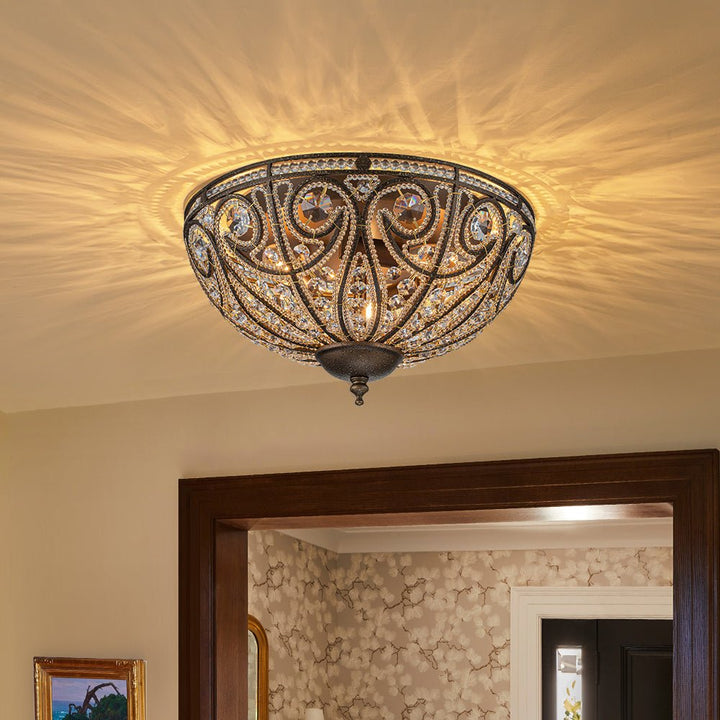 Farmhouze Light-Vintage Bronze Crystal Bowl Flush Mount Ceiling Light-Ceiling Light-Bronze-