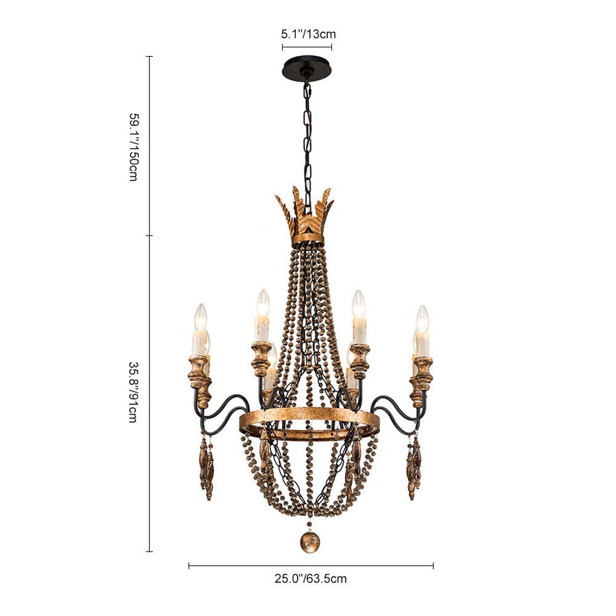 Farmhouze Light-Vintage Candle Wood Beaded Empire Chandelier-Chandelier--