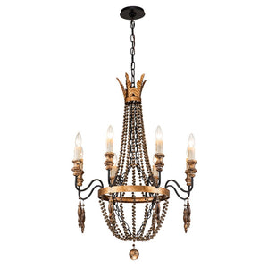 Farmhouze Light-Vintage Candle Wood Beaded Empire Chandelier-Chandelier--