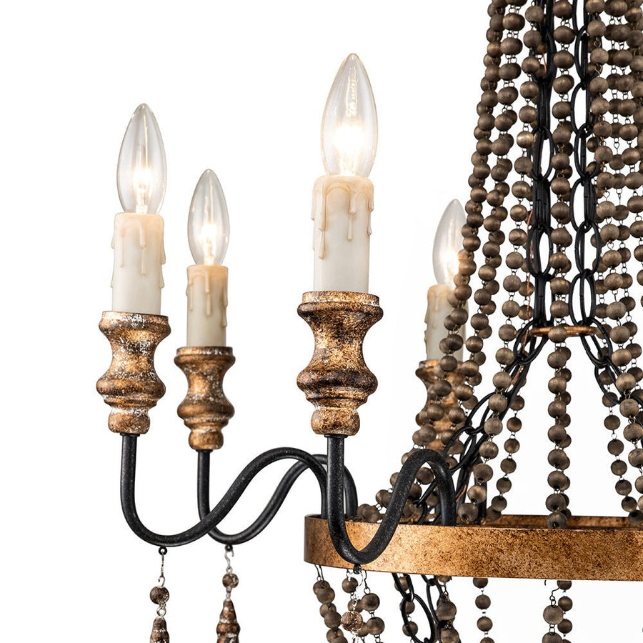 Farmhouze Light-Vintage Candle Wood Beaded Empire Chandelier-Chandelier--