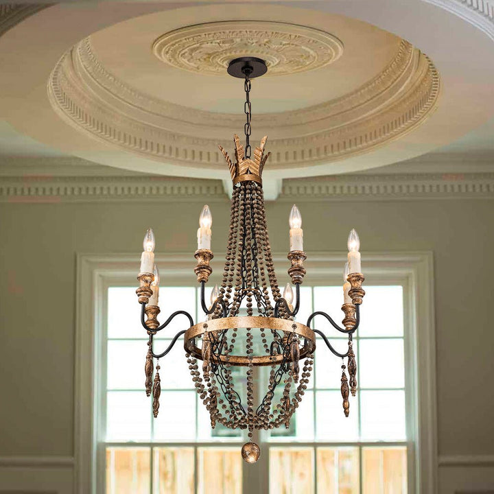 Farmhouze Light-Vintage Candle Wood Beaded Empire Chandelier-Chandelier--